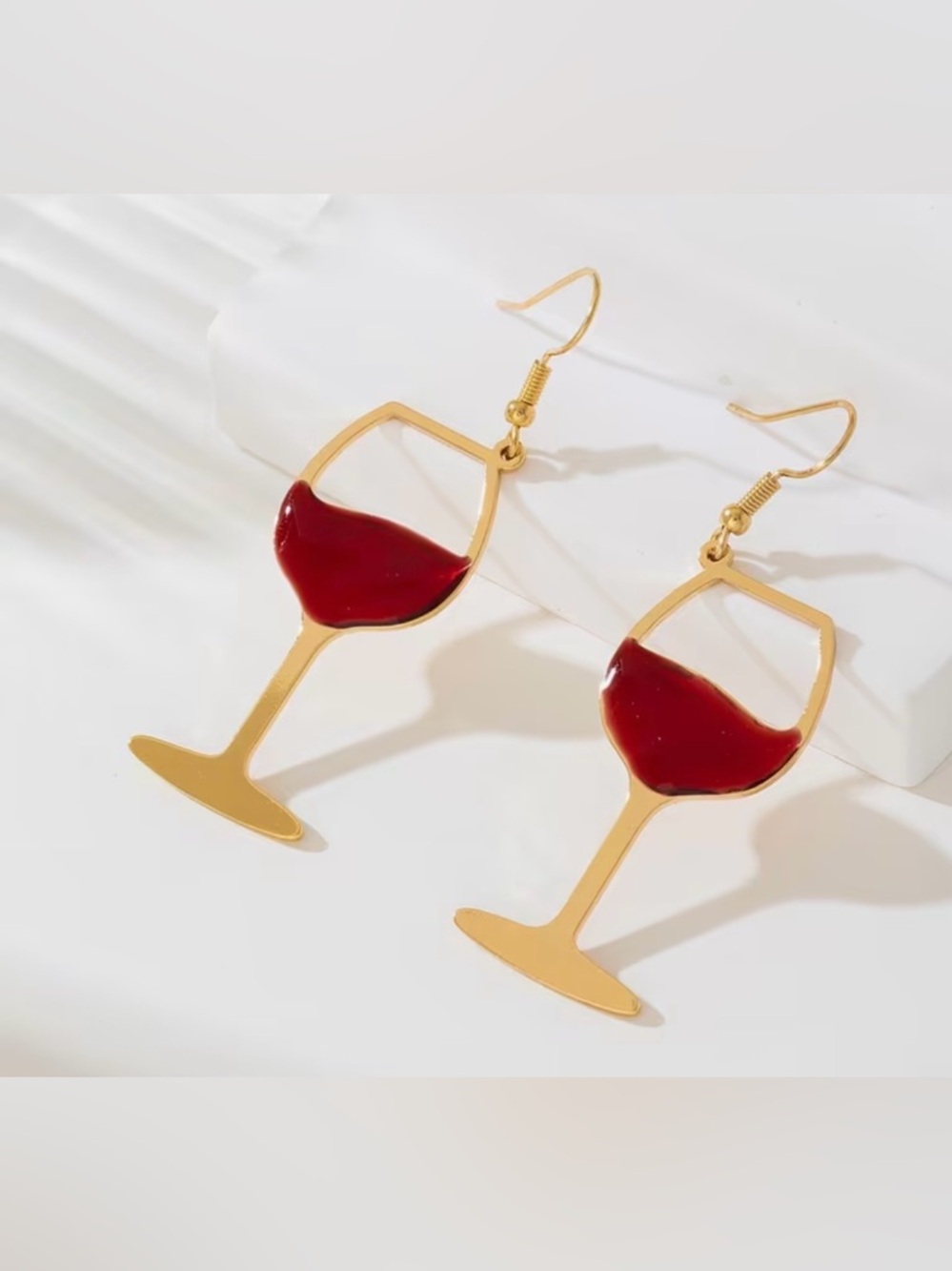 Gold Red Wine Glass Dangle Earrings NWT